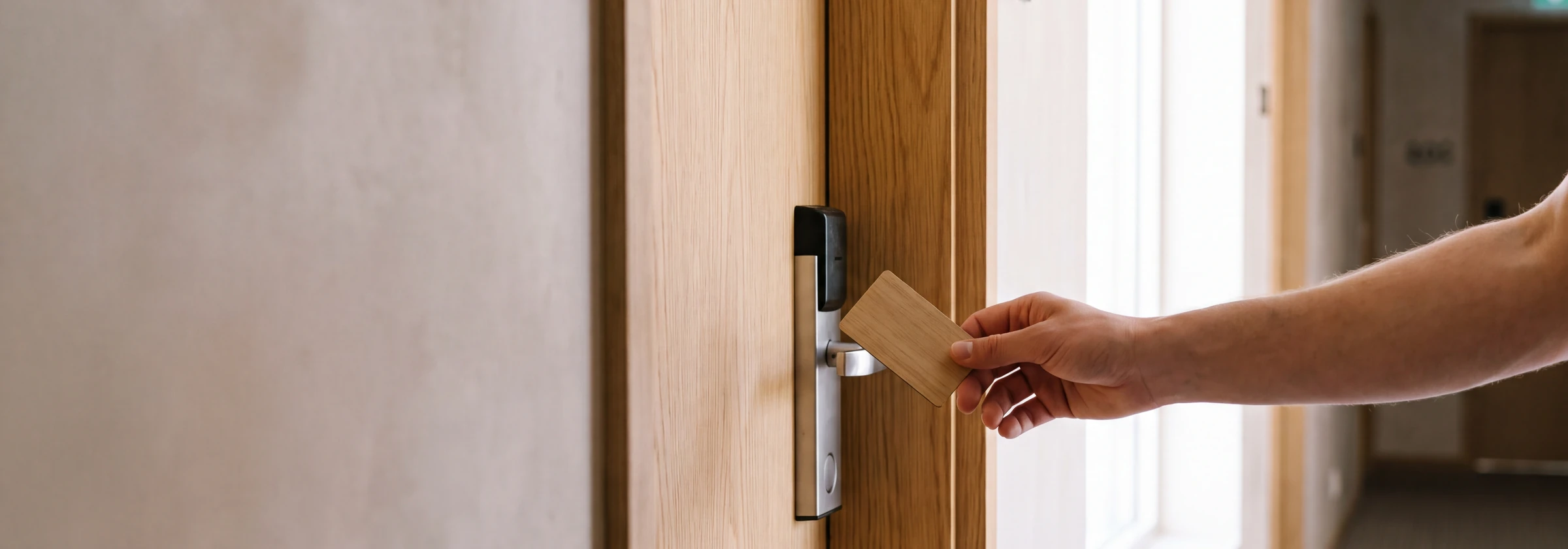 A guest holds a wooden RFID key card to the reader of a hotel room door lock