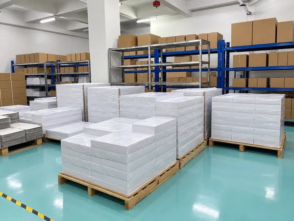 Wrapped pallets of finished cards ready to ship
