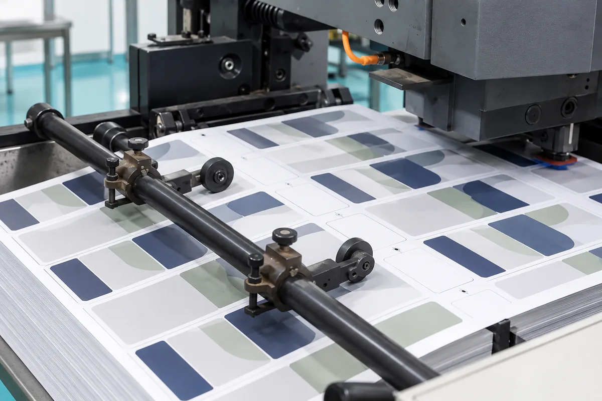 Delivery end of the offset press with a printed sheet of card layouts at the plant in Dongguan