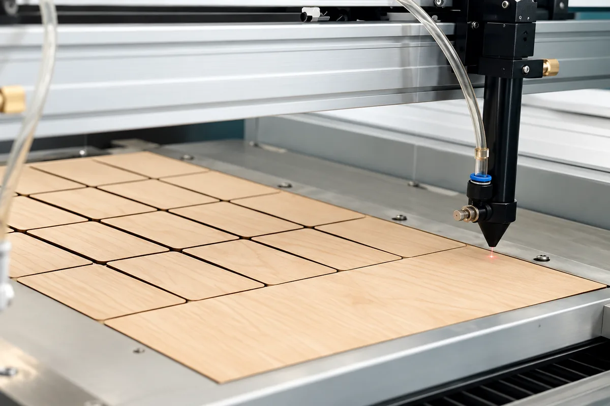 Laser head cutting a grid of card blanks from a sheet of wood veneer