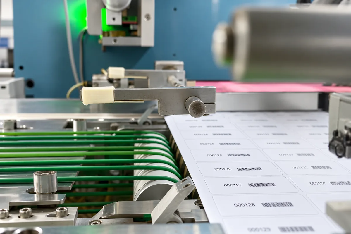 Card sheet on the personalisation line, each card printed with a serial number and a barcode