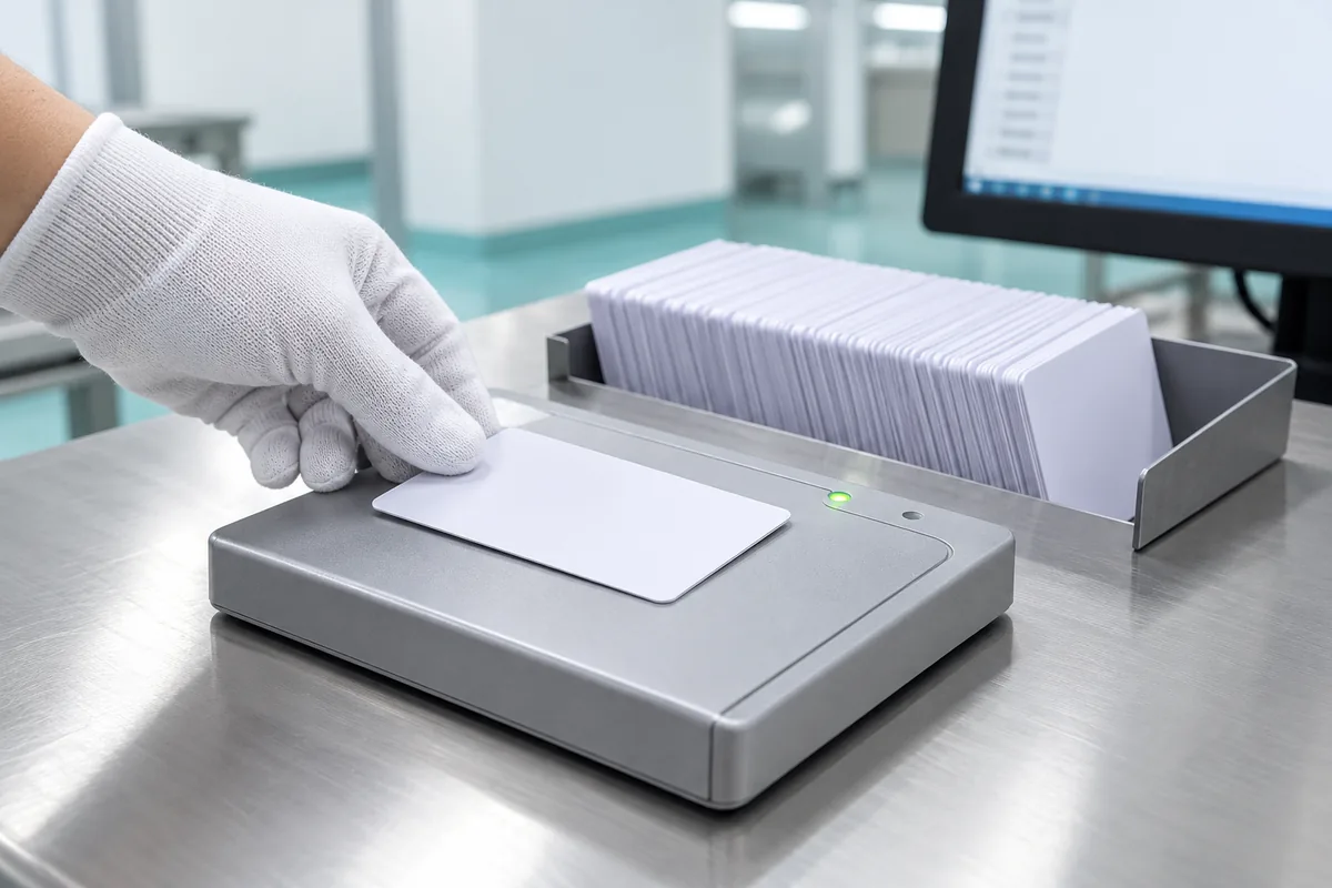 Gloved hand placing a white card on an encoding reader, with the batch stacked in a tray behind it