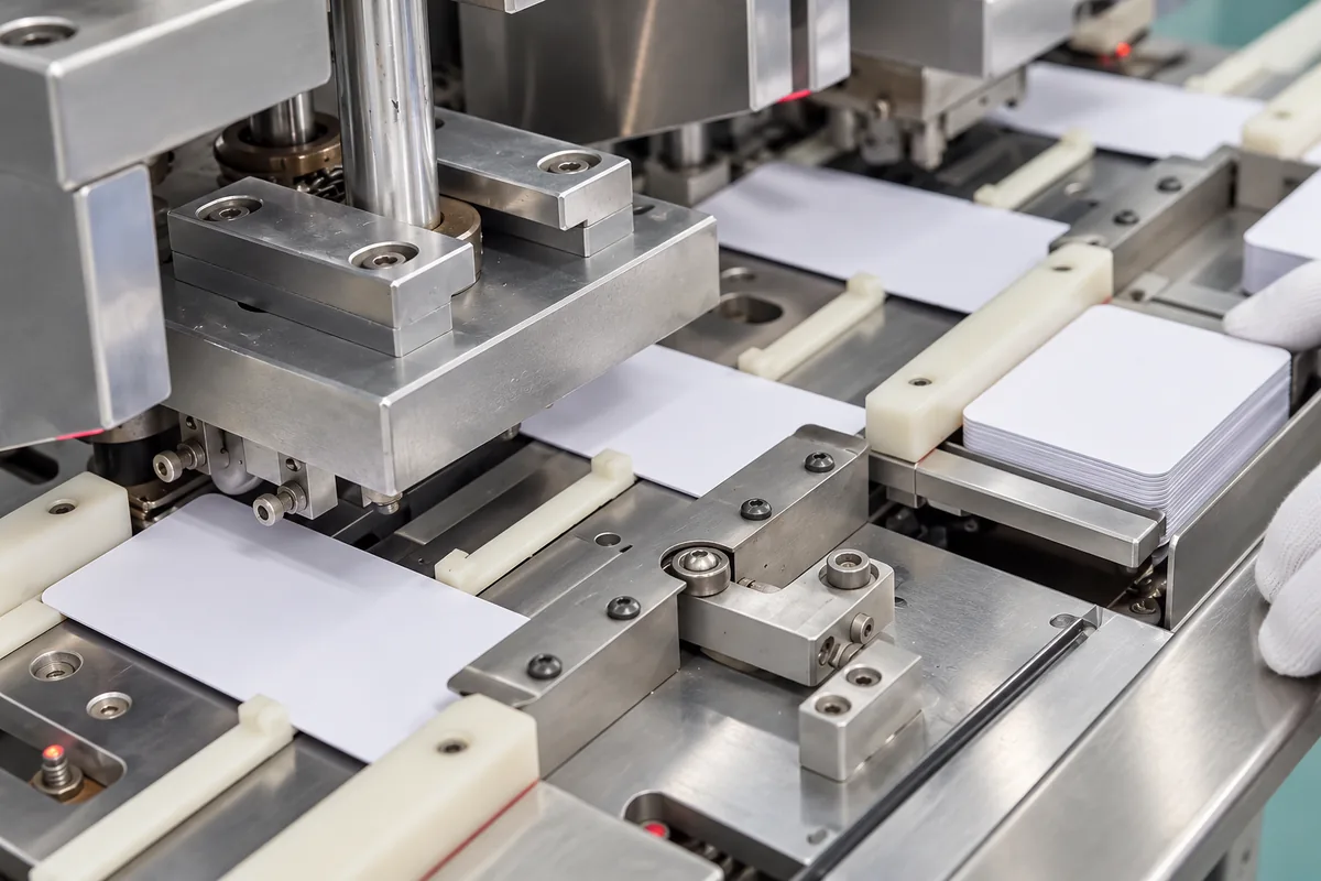Punching station cutting white cards from a laminated sheet, with finished cards stacked beside it