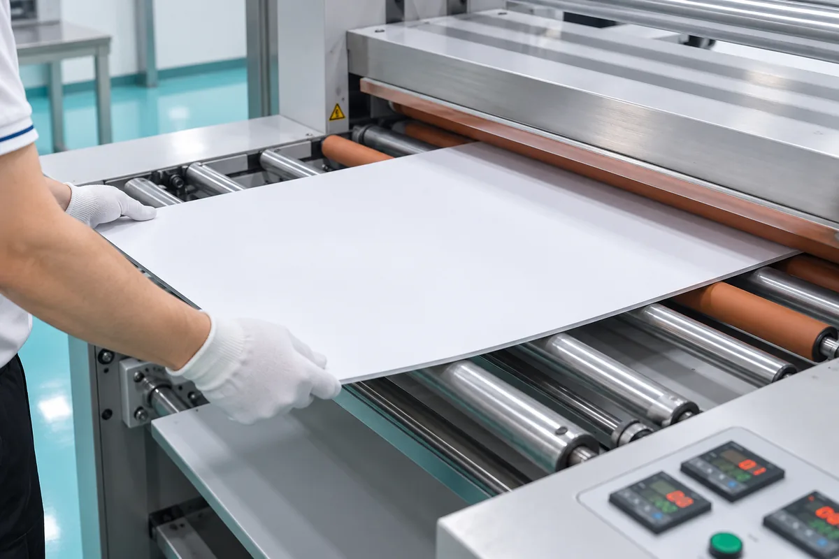 Gloved hands feeding a white card sheet into the lamination rollers