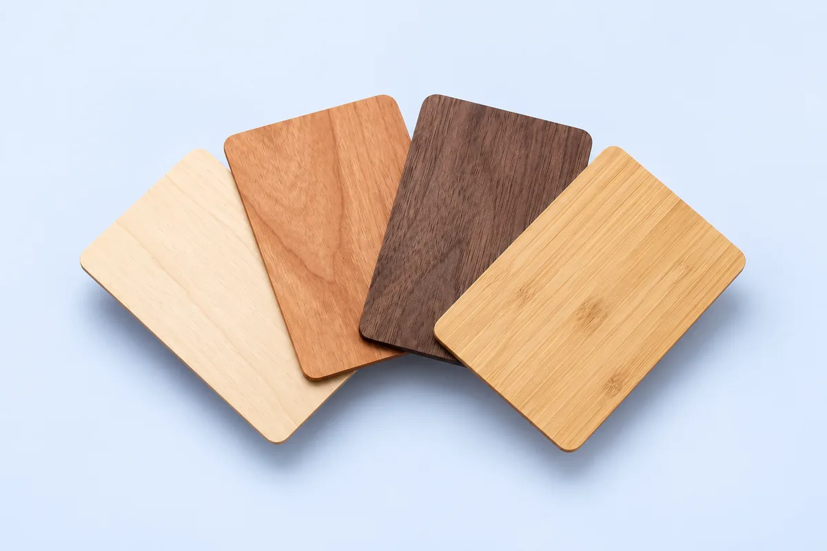 Four blank wooden cards fanned out in basswood, cherry, black walnut and bamboo