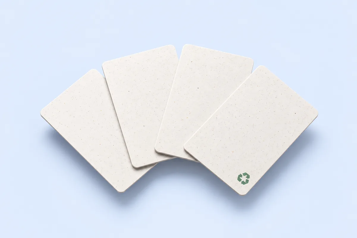 Four blank recycled PVC cards with a fine speckle, one marked with a small green recycling symbol