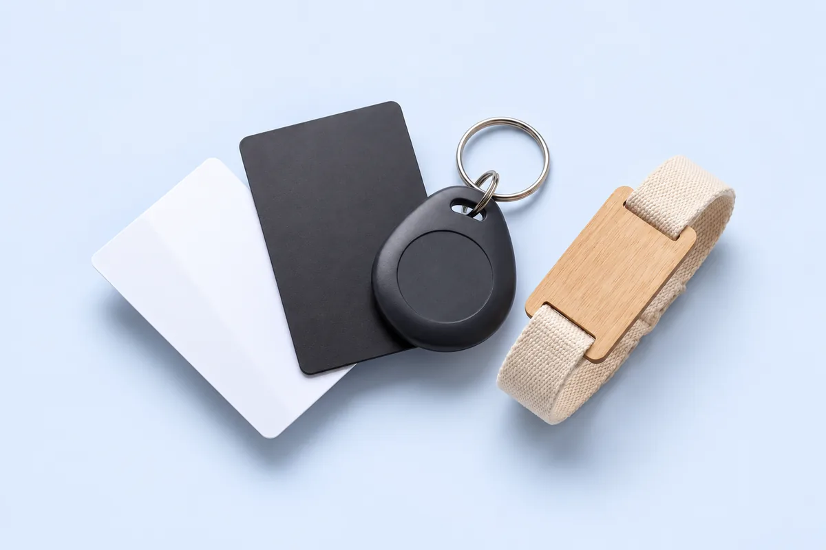 A white card, a black card, a black RFID key fob and a wooden wristband with a cream fabric strap