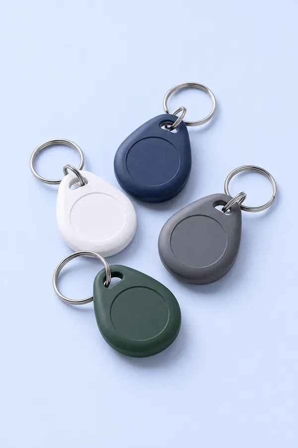 Four ABS RFID key fobs in white, navy, grey and green, each on a split ring