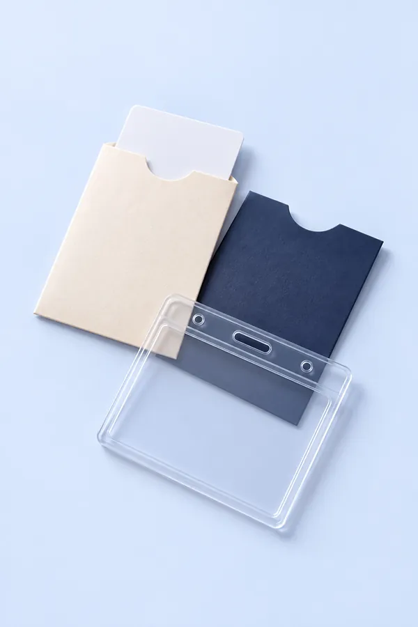 A cream paper key card sleeve holding a white card, a navy sleeve and a clear badge holder