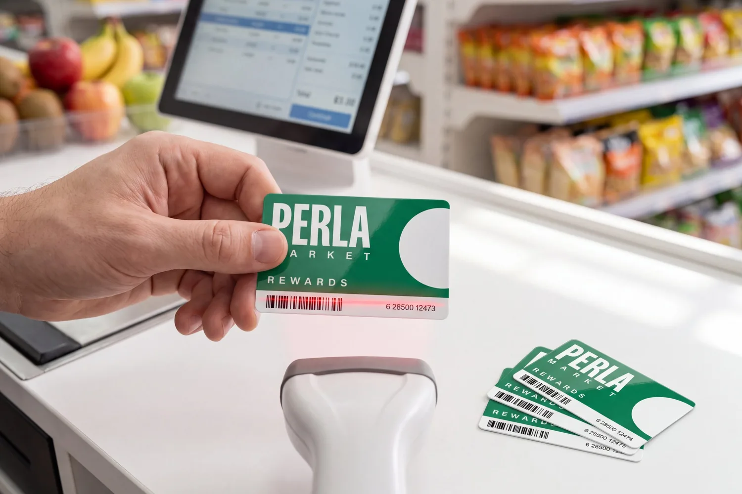 A loyalty card scanned at a supermarket till, with three more cards beside it, each carrying its own barcode and number