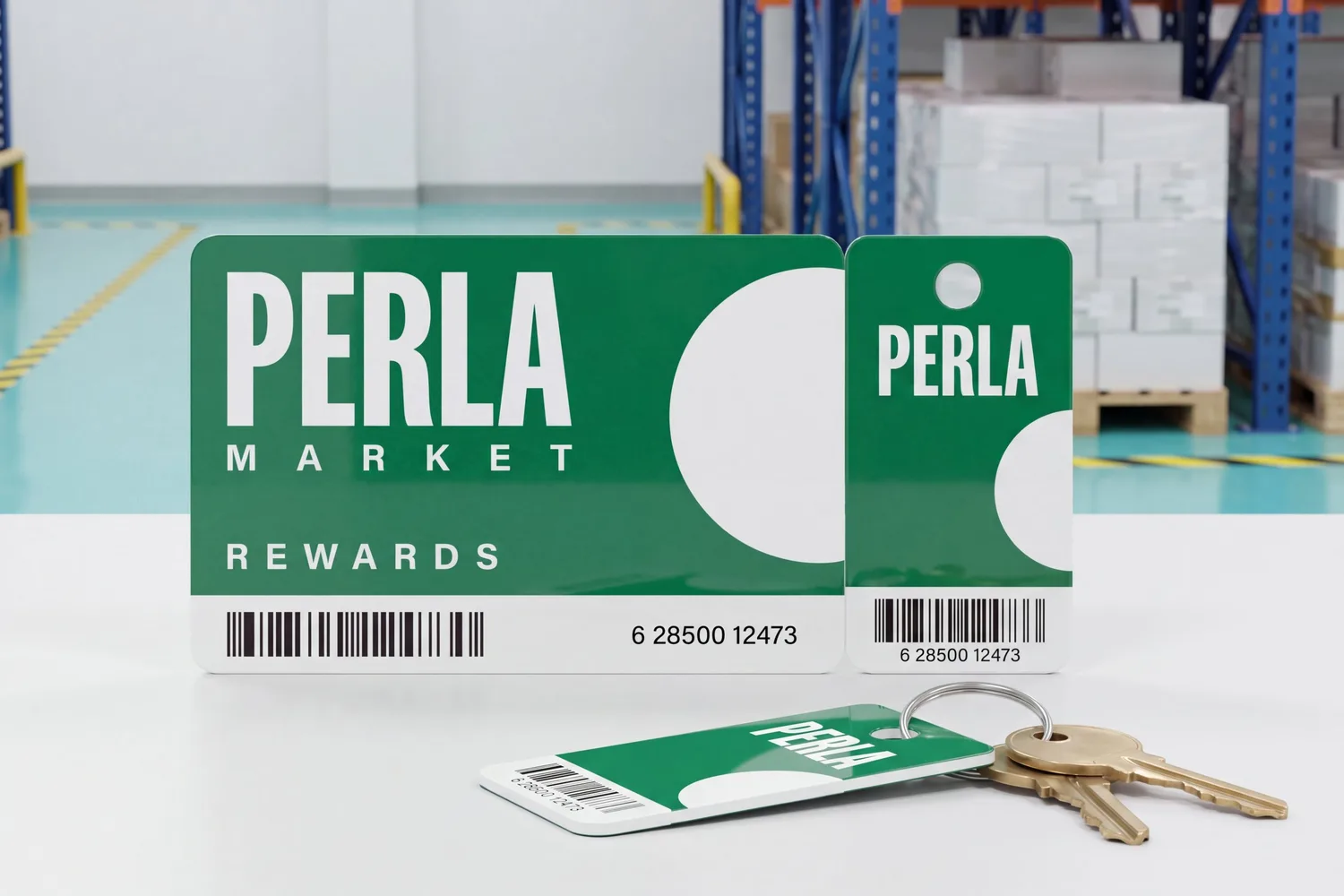A loyalty combo card with its key tag still attached, and a second key tag snapped off on a keyring, all printed with the same barcode