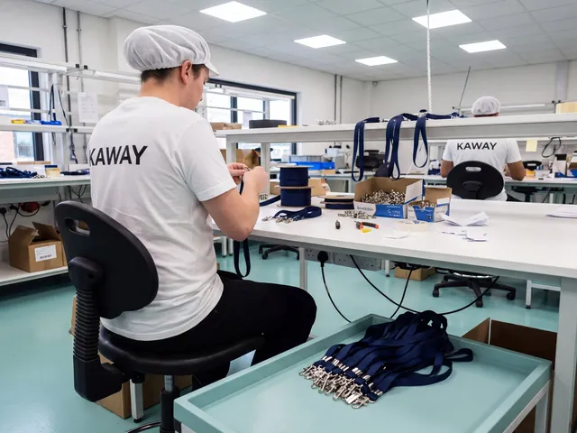 Operator fitting metal hooks to navy lanyards at a workbench