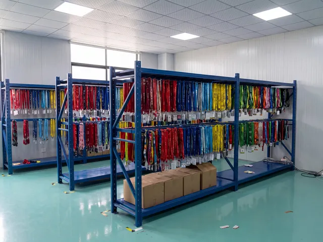 Sample wall of printed lanyards hanging on blue racking