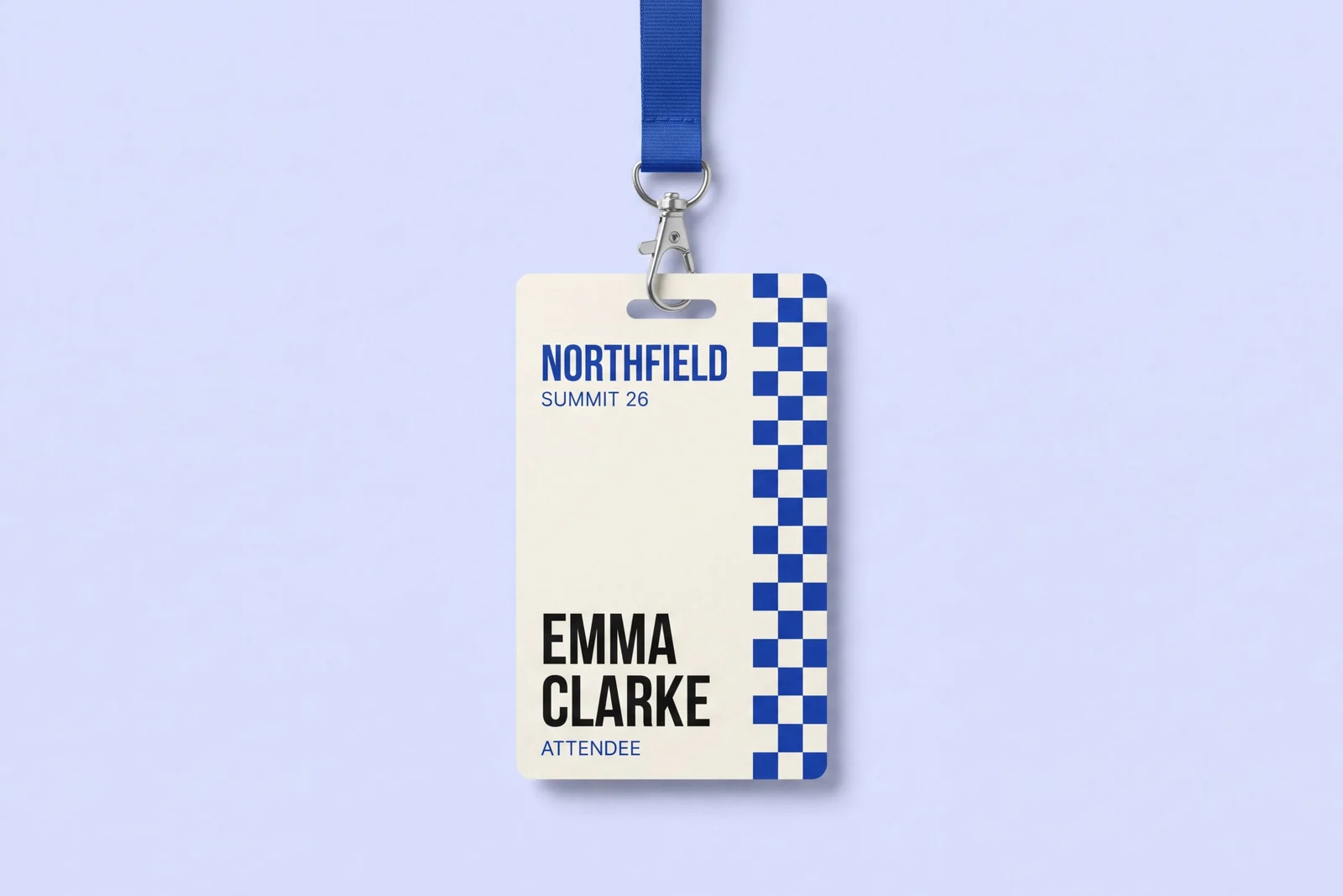 Slim RFID event badge, 70 x 110 mm, ivory with a cobalt checkerboard edge, hanging from a blue lanyard