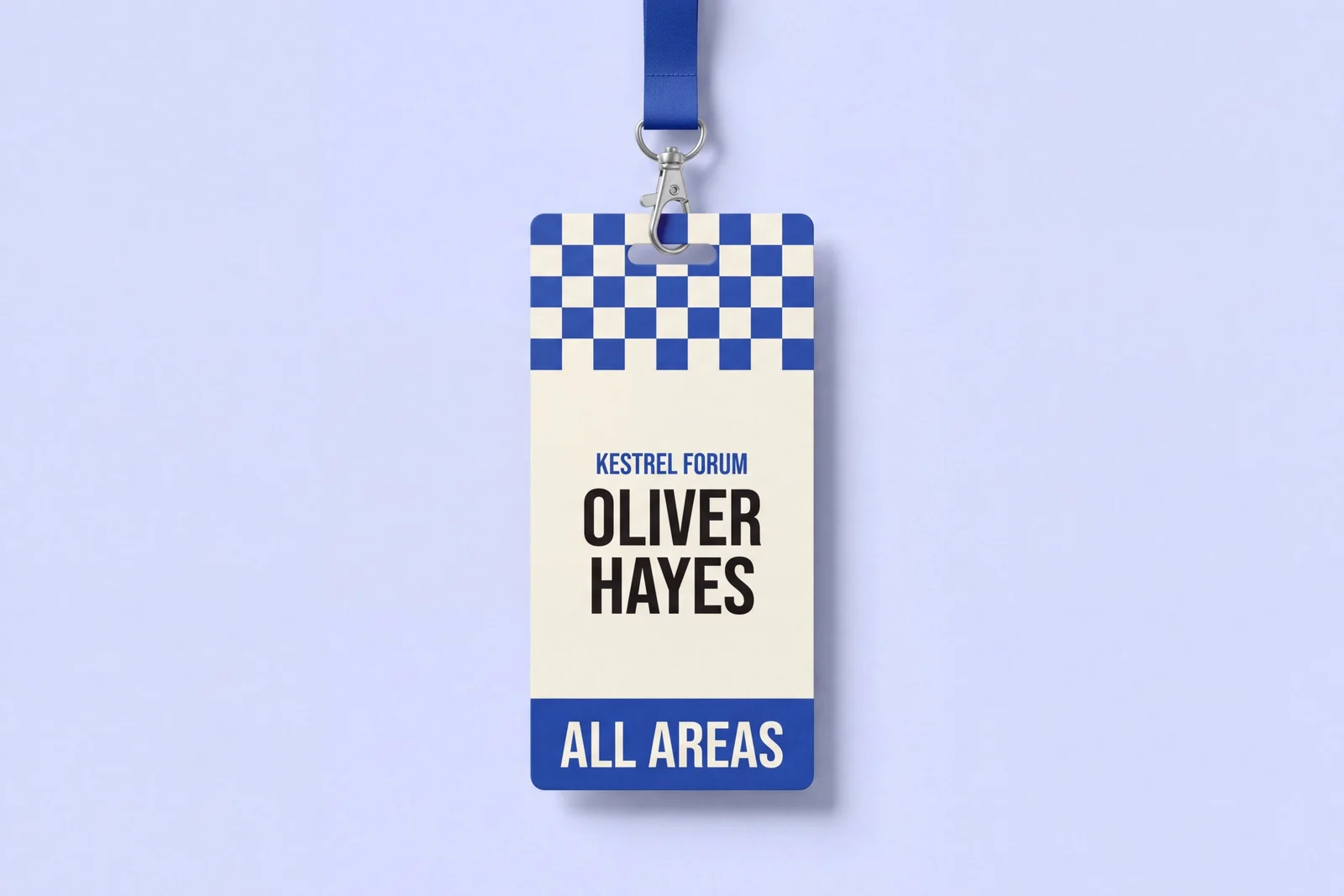 RFID access pass printed with a cobalt checkerboard header, the staff name and an All Areas band, hanging from a blue lanyard