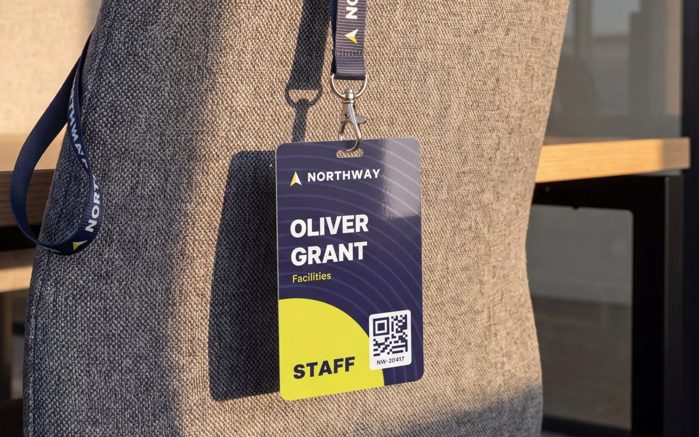 Close-up of an RFID staff badge for a fictional company on a navy lanyard, hanging from an office chair in late afternoon light