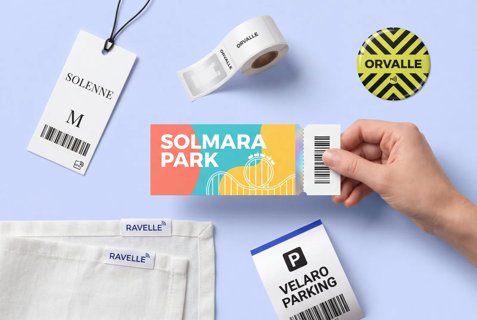 RFID hang tag, roll of NFC paper labels, domed NFC sticker, theme park ticket, thermal parking ticket and woven laundry tags on a linen napkin