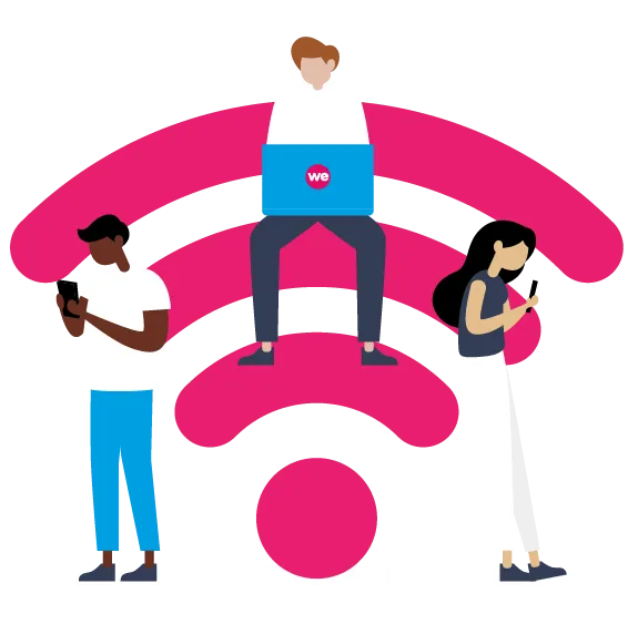 Three people using devices over a large pink Wi-Fi symbol representing wireless connectivity.