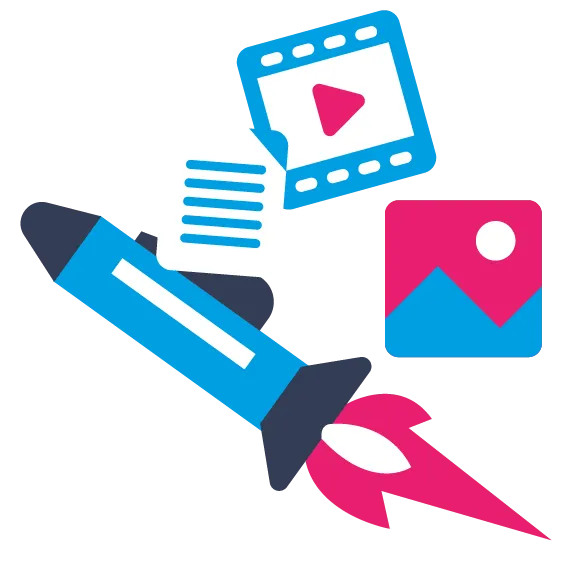 Blue rocket drawing icons of a document, video frame, and photo in blue and pink colours.