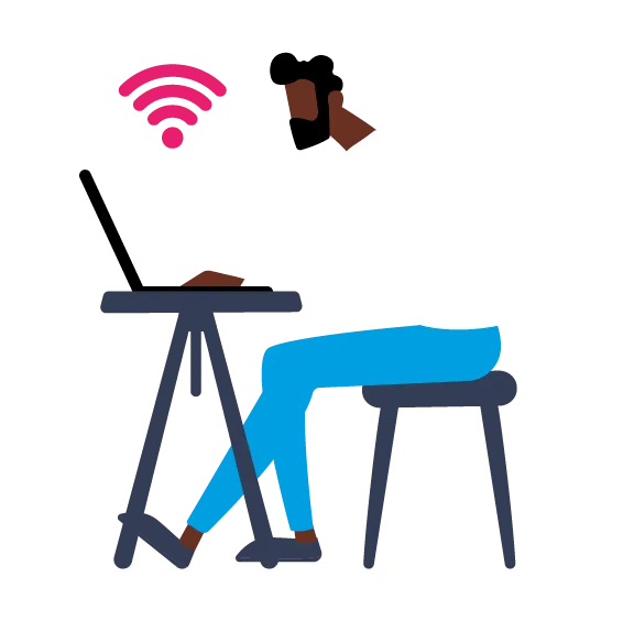 Person sitting at a desk using a laptop with a Wi-Fi symbol above the computer.