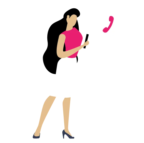 Illustration of a woman in a pink top and white skirt, holding a phone icon nearby.