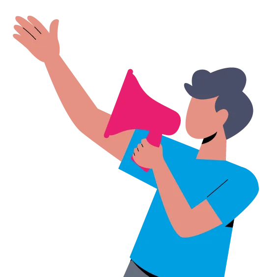 Person holding a pink megaphone with one arm raised as if announcing or calling out.