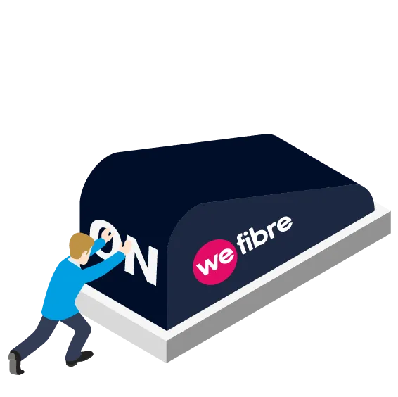 Illustration of a person pushing a large dark box labeled 'ON' and 'we fibre'.
