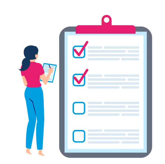 Woman checking items on a large clipboard with two checked and two unchecked boxes.