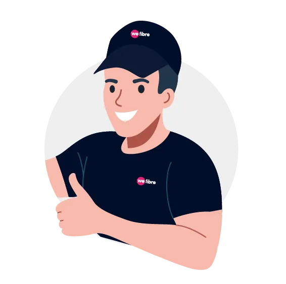 Smiling man in black WeFibre cap and shirt giving a thumbs-up gesture.