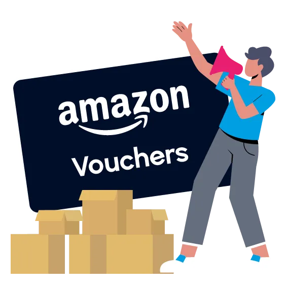 Person with a megaphone next to Amazon vouchers card and stacked cardboard boxes.