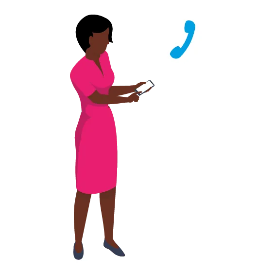 Woman in pink dress holding a phone with a blue phone receiver icon beside her.