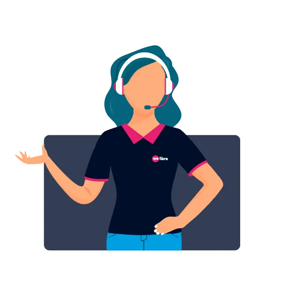 Illustration of a female customer support agent with headset and microphone, wearing a branded shirt.