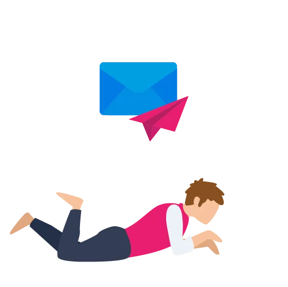 Person lying on stomach typing with a blue envelope and red paper plane icon above, symbolizing email.