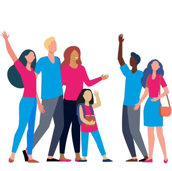 Diverse group of six people standing together, some waving and smiling in casual clothing.