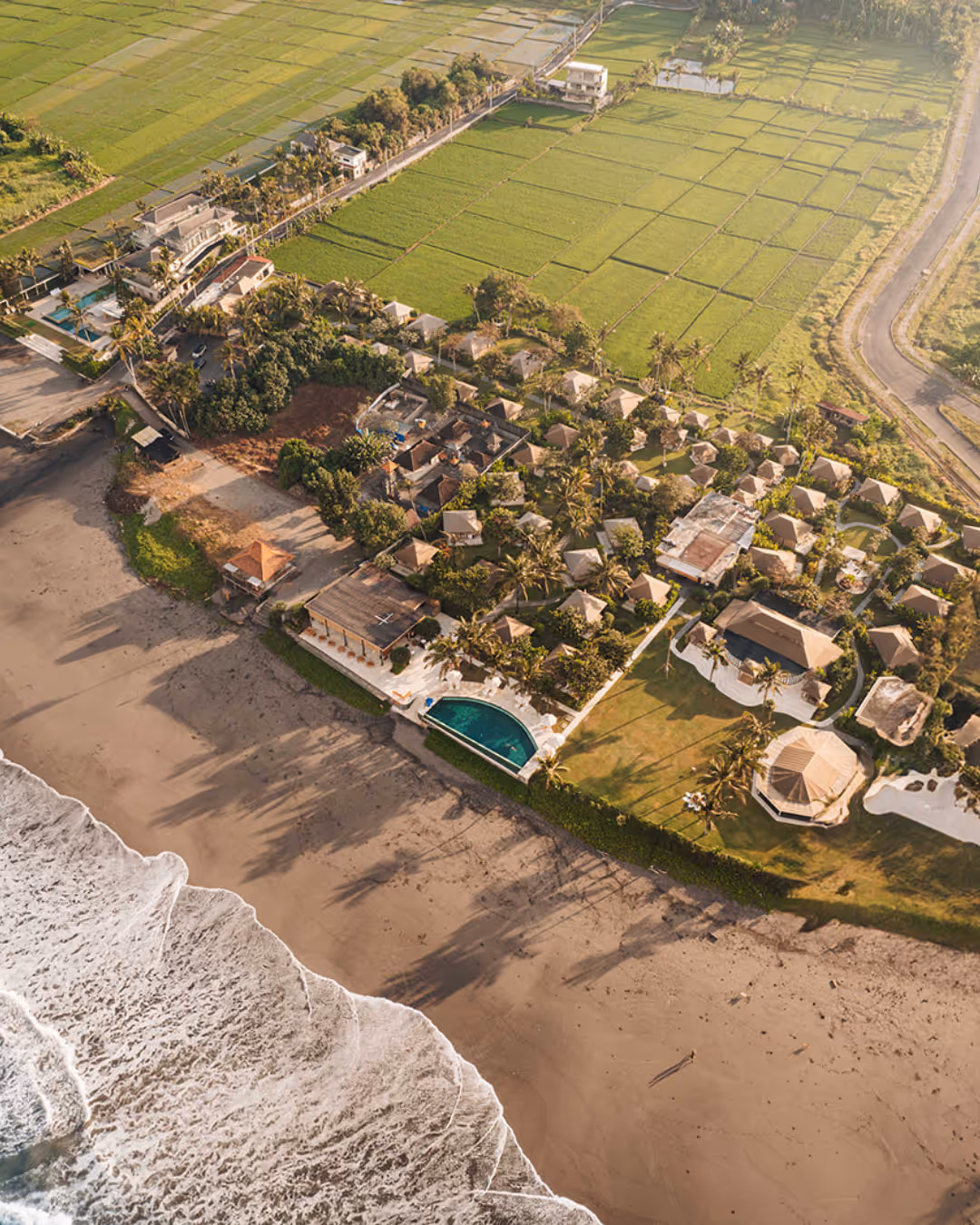 Aerial view of beachfront resort with bungalows, pool, lush greenery, and adjacent rice fields.