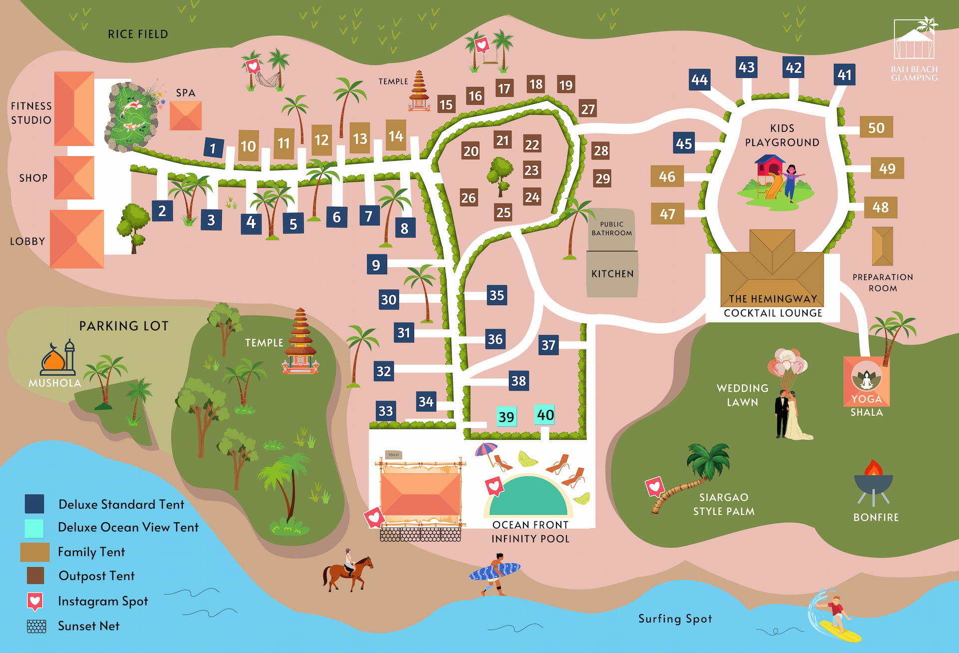 Map of Bali Beach Glamping showing tents, playground, pool, wedding lawn, yoga shala, and beach with surfing spot.