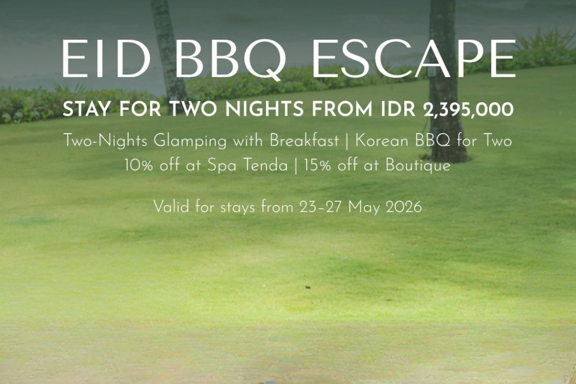 Advertisement for Eid BBQ Escape with two-night glamping, Korean BBQ, spa discounts, valid 23-27 May 2026.