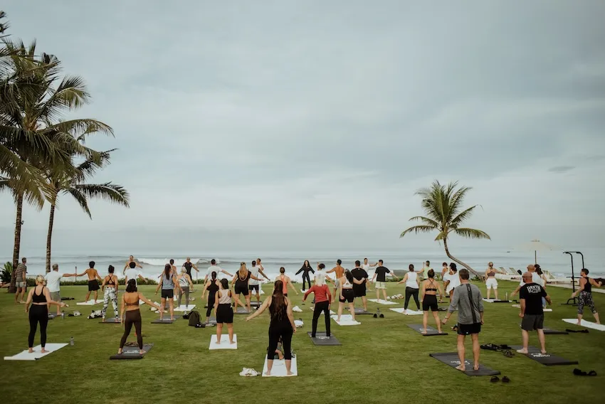 Group yoga session on mats on the beachfront lawn with palm trees and the ocean behind.