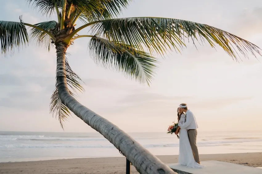 Couple embracing on the beach beneath a leaning palm tree at sunset.