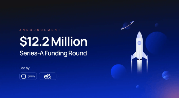 $12.2 million Series-A funding round announcement with a rocket and planets on a dark blue background.