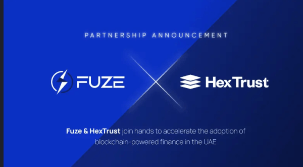 Fuze and HexTrust logos with text announcing their partnership to advance blockchain finance in the UAE.