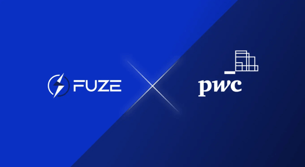 Fuze and PwC logos side by side on a blue gradient background with a glowing X between them.