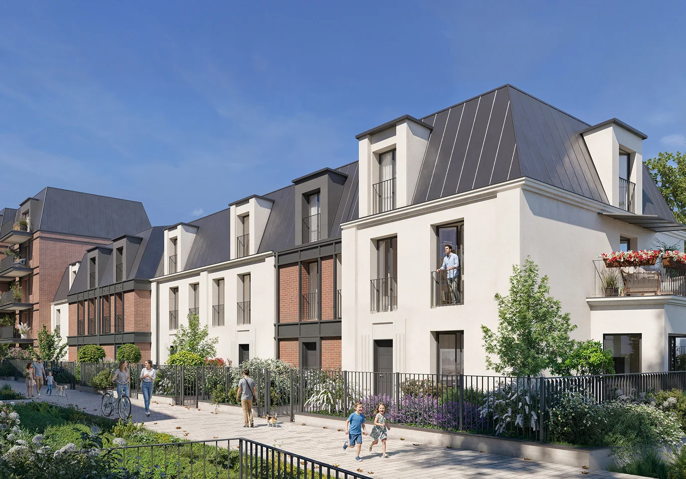 Immeuble résidentiel moderne avec des toits mansardés noirs, des balcons et un jardin paysager où des familles marchent et jouent.