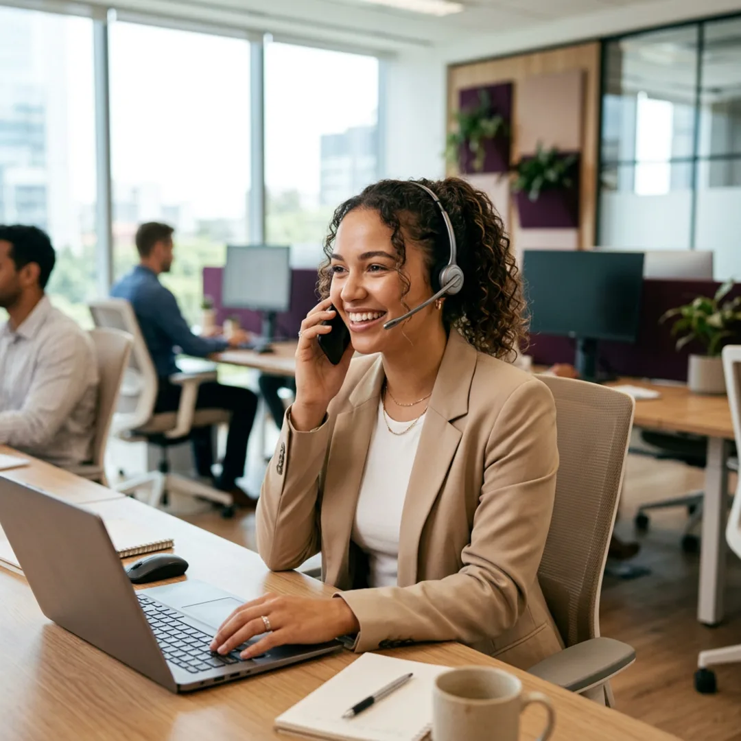 Kundenservice-Mitarbeiterin mit Headset hilft freundlich am Telefon