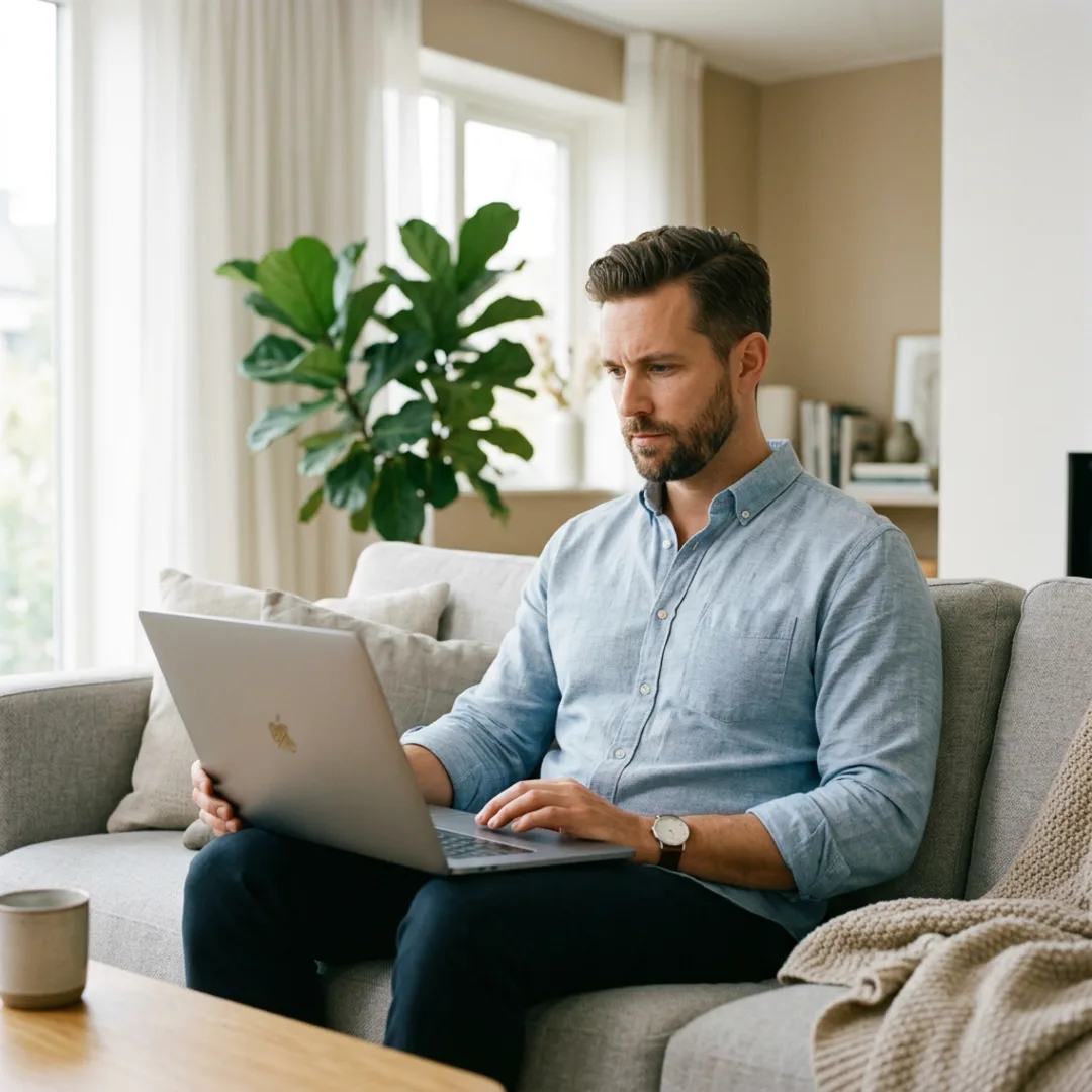 Mann auf dem Sofa prüft eine Zahlung am Laptop