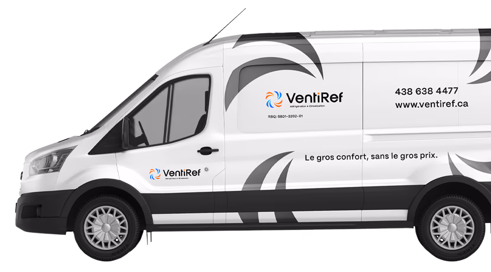 Camionnette blanche VentiRef réfrigération et climatisation avec logo.