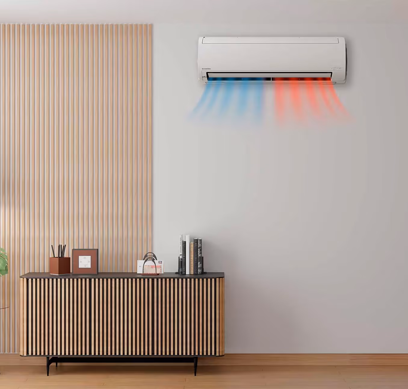 Climatiseur mural moderne soufflant air froid bleu et chaud rouge dans salon