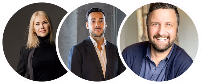 Trois portraits professionnels circulaires d'une femme blonde et deux hommes souriants.