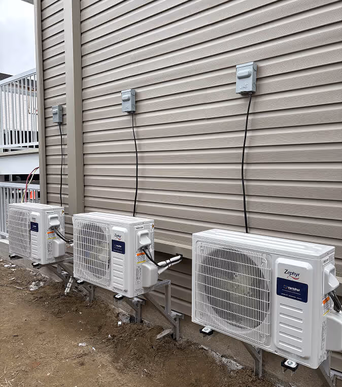 Trois unités de climatisation extérieures blanches fixées contre un mur gris ondulé.