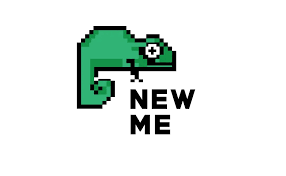 Pixel art style green chameleon with large eye, next to bold black text saying NEW ME.